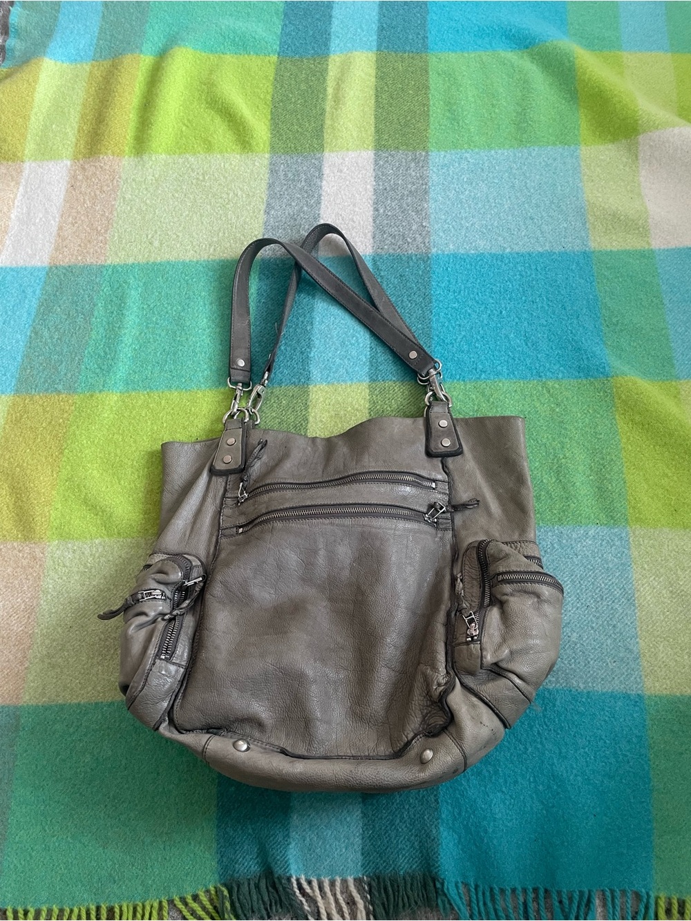 All Saints Y2K Spitalfields Jacks Place Grey Dark Tan Leather Shoulder Hobo Bag